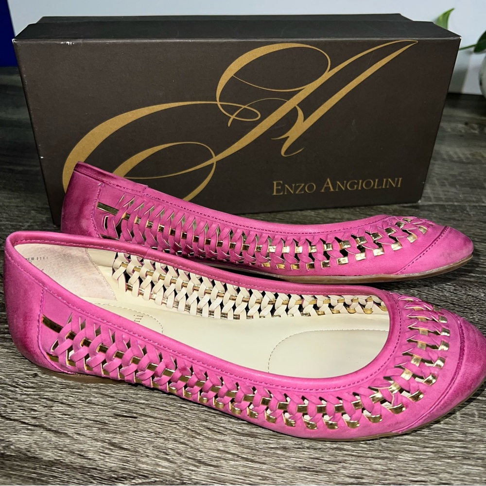 Vintage Shoe Enzo Angiolini Flats Dark Pink Gold Loafers Ballet Round Toe 6.5